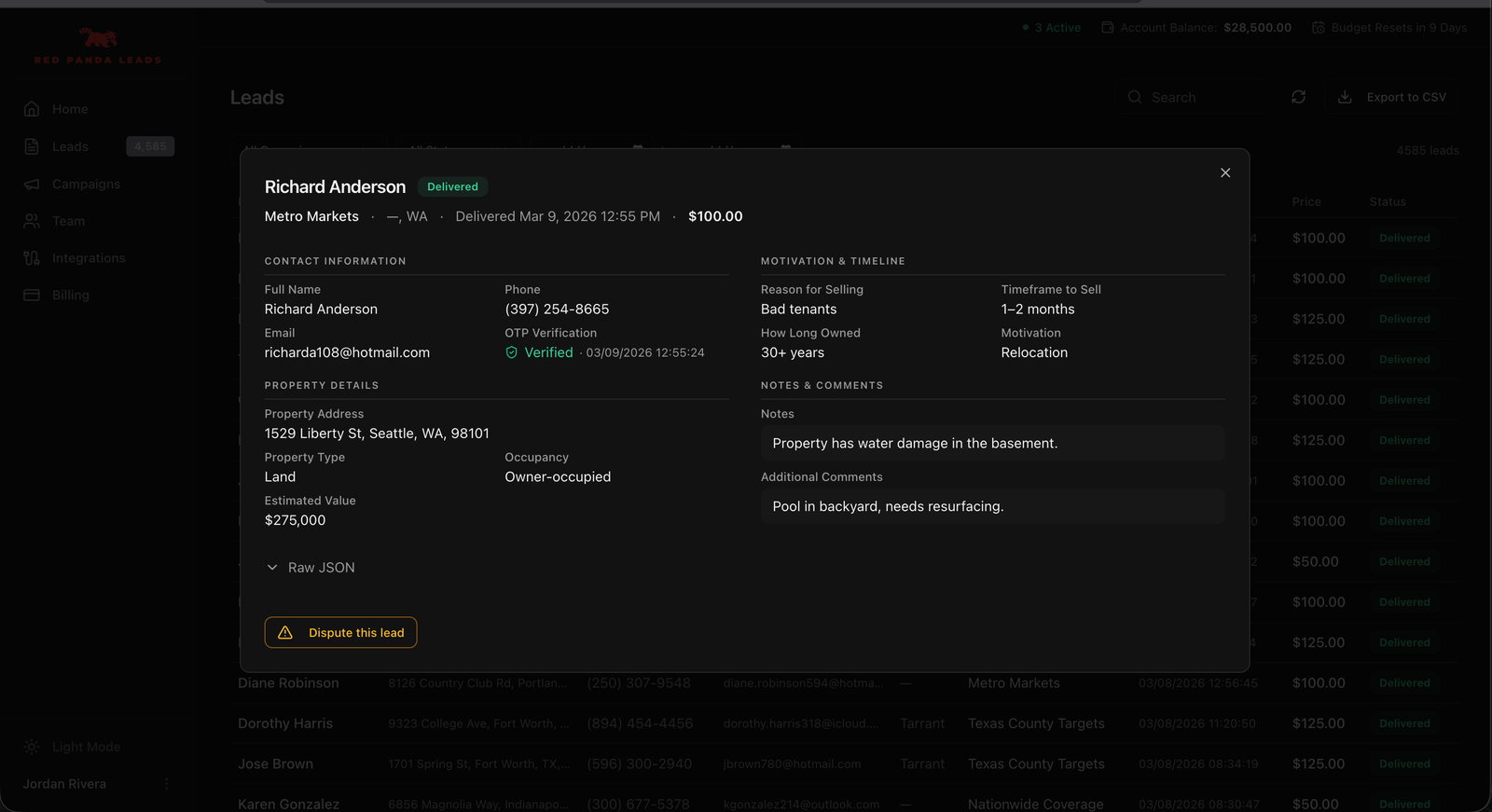 Red Panda Leads lead detail modal with OTP verification badge, motivation scoring, and property data
